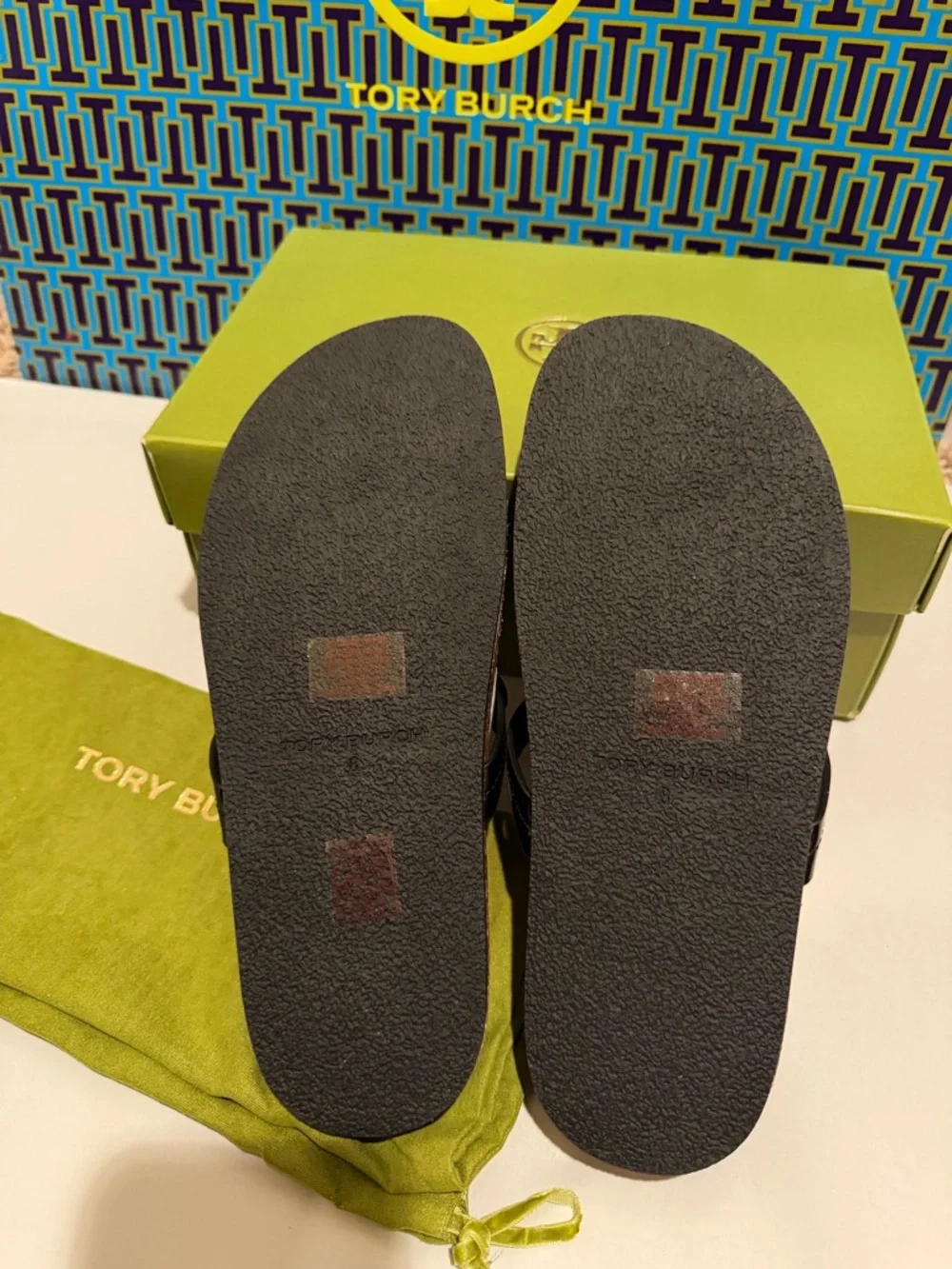 Tory Burch Miller Cloud Black Patent Logo Thong Sandals with Brown Suede Footbed